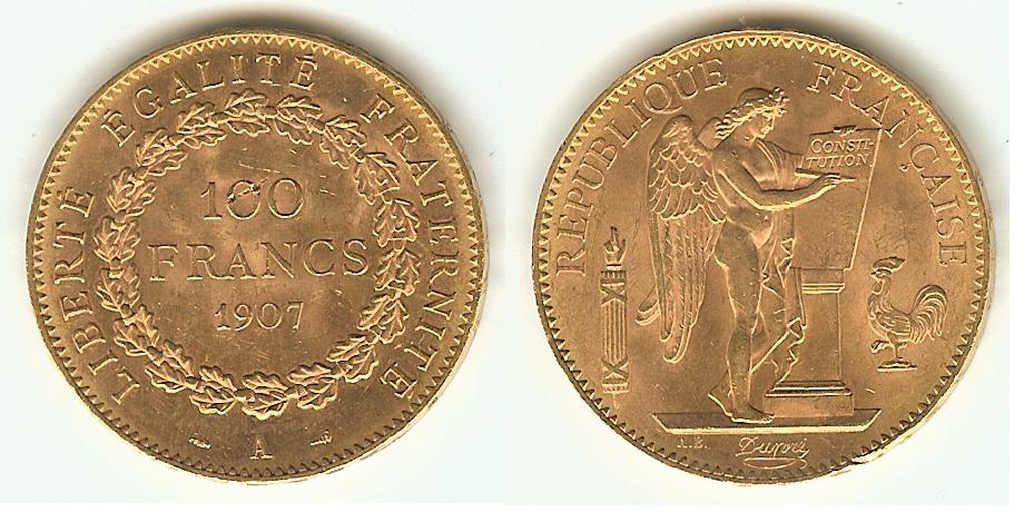 100 Francs Gold 1907 virt. Unc